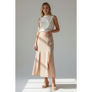 Vintage Carwash Multi Slit Maxi Skirt Beige Tan Size 12 Made in Canada Business